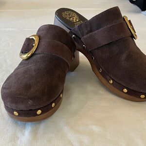 Vince Camuto Brown Suede Mules with Gold Accents